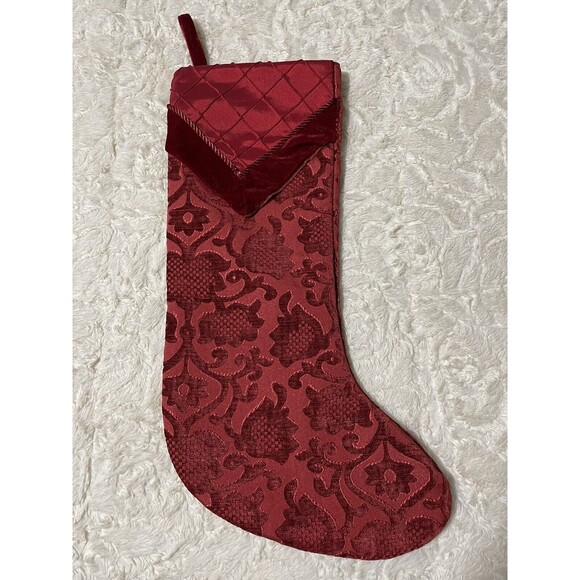 Cranberry Red Floral Christmas Holiday Stocking Embroidered Satin Velvet Trim - Picture 2 of 6